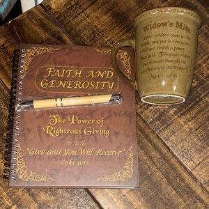 Faith and Generosity Journal and Mug Set - Brown on gift box